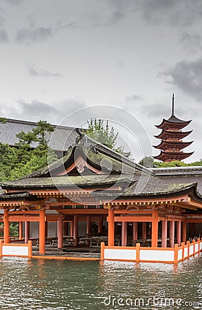 Part of itsukushima Shinto Shrine barely above sea level. Editorial Stock Photo