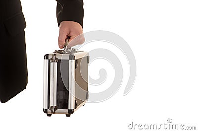 The part of a jacket and male hand holds a metal case Stock Photo