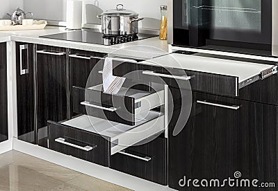 Part of modern kitchen with electric stove oven details drawers Stock Photo