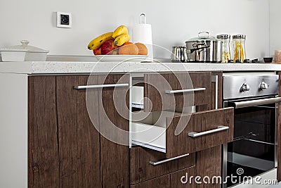 Part of modern kitchen with electric stove oven, drawers, handle Stock Photo