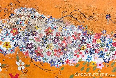 Part of old flower flora mural painting pattern art on a messy c Stock Photo