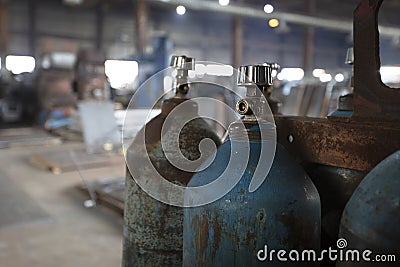 Part of the oxygen cylinders in the welding shop Stock Photo