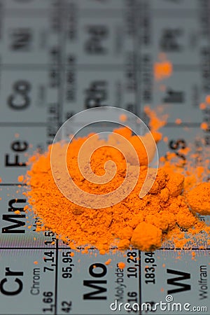 Part of periodic system with orange powder substance Stock Photo
