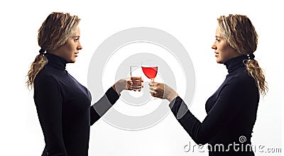 Part of series. Self talk concept. Portrait of young woman talking to herself in mirror, drinking milk or wine in glass Stock Photo