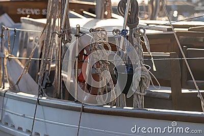 Part of a ship showing deck and different ropes and lines Stock Photo