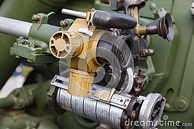 Part of the sighting mechanism of artillery gun. Close up Stock Photo