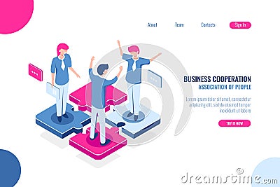 Part of the team, business puzzle concept, joint decision making, teamwork marketing, isometric flat vector Vector Illustration