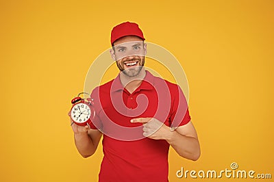 part-time work for students. full time work day. young man staff in uniform. Round-the-Clock Relocation Work Management Stock Photo