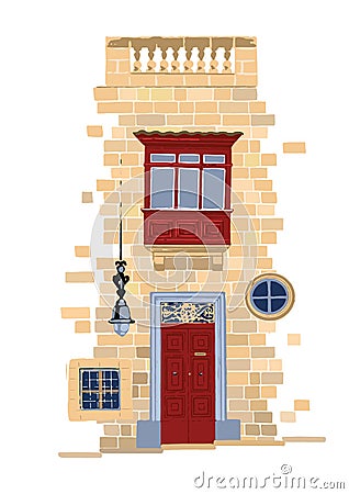 Part of traditional maltese house made of sandy stone bricks with red doors and balcony. Vector Illustration