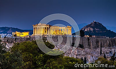 Parthenon of Athens at dusk time Stock Photo