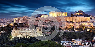 Parthenon of Athens at dusk time, Greece - long exposure Stock Photo