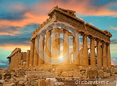 Parthenon athens greece sunset colors Stock Photo