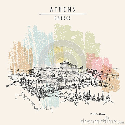 Parthenon temple and the Acropolis hill in Athens, Greece. Hand drawing in retro style. Travel sketch. Vintage touristic postcard Vector Illustration