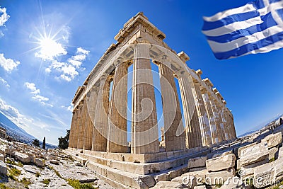 Parthenon temple with Greek flag on the Athenian Acropolis, Greece Stock Photo