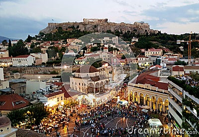 Parthenon temple and Monastiraki plaza, Athens, Greece Stock Photo