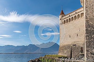 Partial view of Chateau Chillon in lake Geneve, Switzerland Editorial Stock Photo