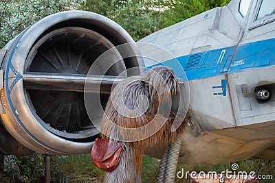 Partial view of Chewbacca on spaceship background in Star Wars Galaxys Edge at Hollywood Studios 6 Editorial Stock Photo