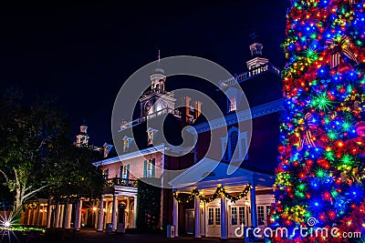 Partial view of Christmas tree and Liberty Theater at Epcot 22. Editorial Stock Photo