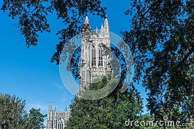 Partial view of the Duke Chapel tower in early fall Stock Photo