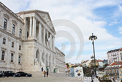 Partial view of the facade of S. Bento Palace, where seats the Portuguese Parliament, Assembleia da RepÃºblica, in Lisbon Editorial Stock Photo