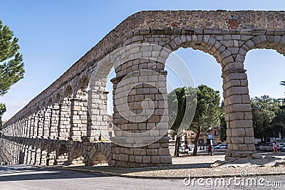 Partial view of the Roman aqueduct located in the city of Segovia Editorial Stock Photo