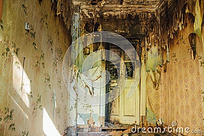 Partially burnt apartment house interior after extinguish Stock Photo