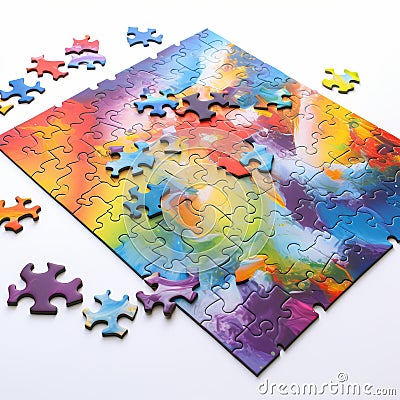 Partially completed jigsaw puzzle with colorful neurographic art, pieces scattered on sides, on white background Stock Photo