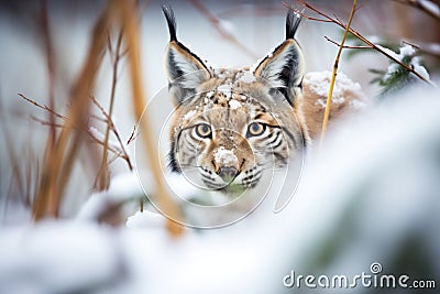 partially hidden lynx eyes in snowy thicket Stock Photo