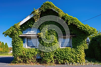 partially ivy-covered cottage against a clear blue sky Stock Photo