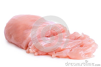 Partially sliced uncooked boned chicken breast isolated on white Stock Photo