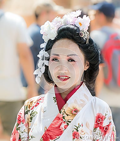 Participant of the festival in the traditional dress of the Japanese woman at the annual festival `Jerusalem Knights` Editorial Stock Photo