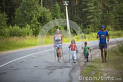 Participants during of local competitions in Nordic walking devoted to the Day of H Editorial Stock Photo