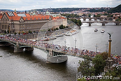 Participants of the Prague Pride are crossing a bridge Editorial Stock Photo