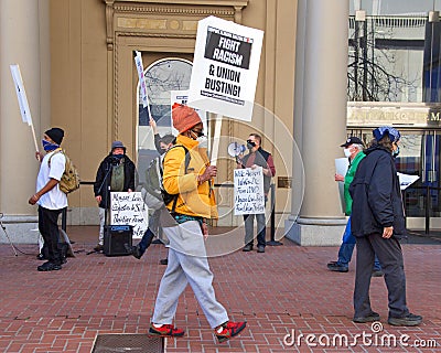 Participants protesting Morgan Lewis representing Amazon to bust up formation of a union for workers Editorial Stock Photo