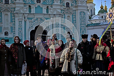 Participants traditional Christmas of Verteps Parade (nativity Scene), Christmas stars, carols singing. Editorial Stock Photo