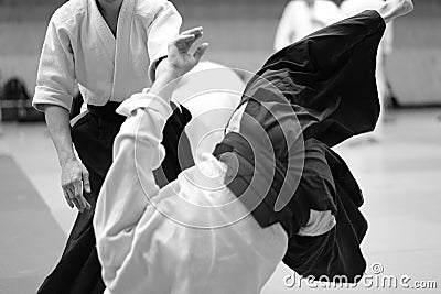 The participants of the training in special clothes of aikido hakama Stock Photo