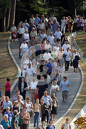 Participants of the Way of the Cross in Croatian national shrine of the Virgin Mary in Marija Bistrica, Croatia Editorial Stock Photo