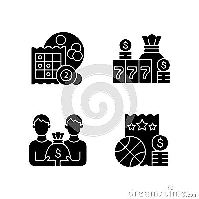 Participation in lottery black glyph icons set on white space Vector Illustration