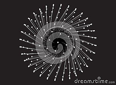 Particles flying from a geometric virtual source into the surrounding space. Dots strive out of grid 3d sphere Vector Illustration