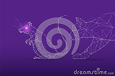 The particles, geometric art, line and dot of cat catching rat Vector Illustration