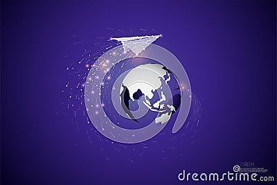 The particles, geometric art, line and dot of world and rocket p Vector Illustration