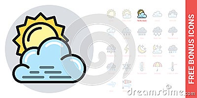 Partly cloudy or partially cloudy icon for weather forecast application or widget. Sun behind the cloud. Simple color Vector Illustration