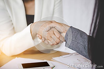 Partners business woman handshake agree to sign a contract Stock Photo