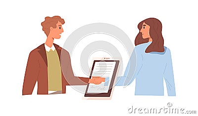 Partners sign e-contact online. People handshake and digital document with electronic signatures. Concluding agreement Vector Illustration