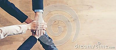 Partners Team work joining hands to success together. Business Team stack of hands for star up project, copy space for text banner Stock Photo