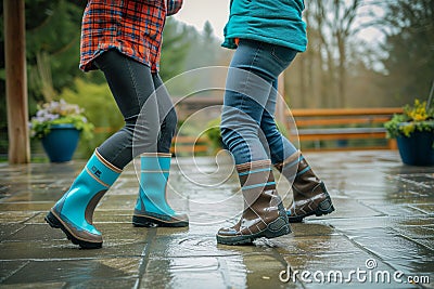 partners in waterproof boots do a jitterbug on a wet patio Stock Photo