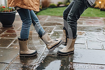 partners in waterproof boots do a jitterbug on a wet patio Stock Photo