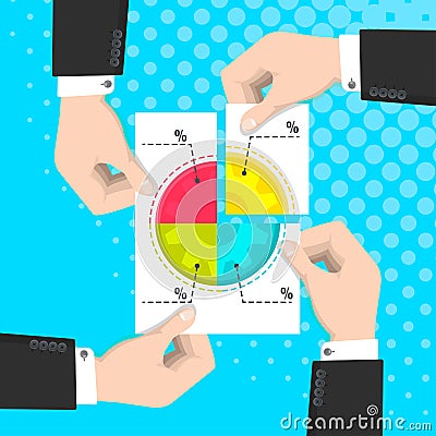 Partnership in business, business people holding hands a piece of paper with a pie chart Vector Illustration