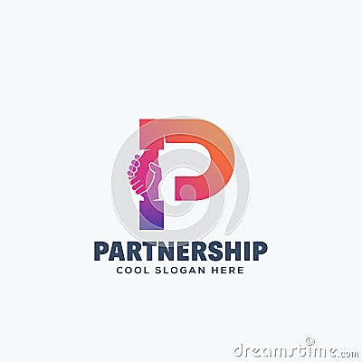 Partnership Concept. Hand Shake Incorporated in Letter P. Abstract Vector Emblem or Logo Template. Vector Illustration