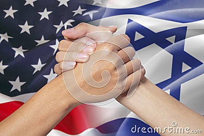 Partnership hand with american and israel flags Stock Photo